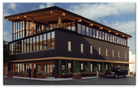 Architectural rendering of the proposed renovation with a glass-enclosed third floor and timber roof