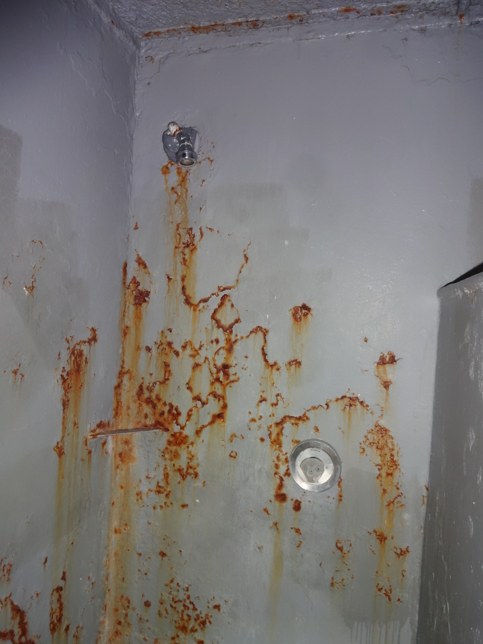 Rust and corrosion on the painted steel shower wall at Auburn Correctional Facility