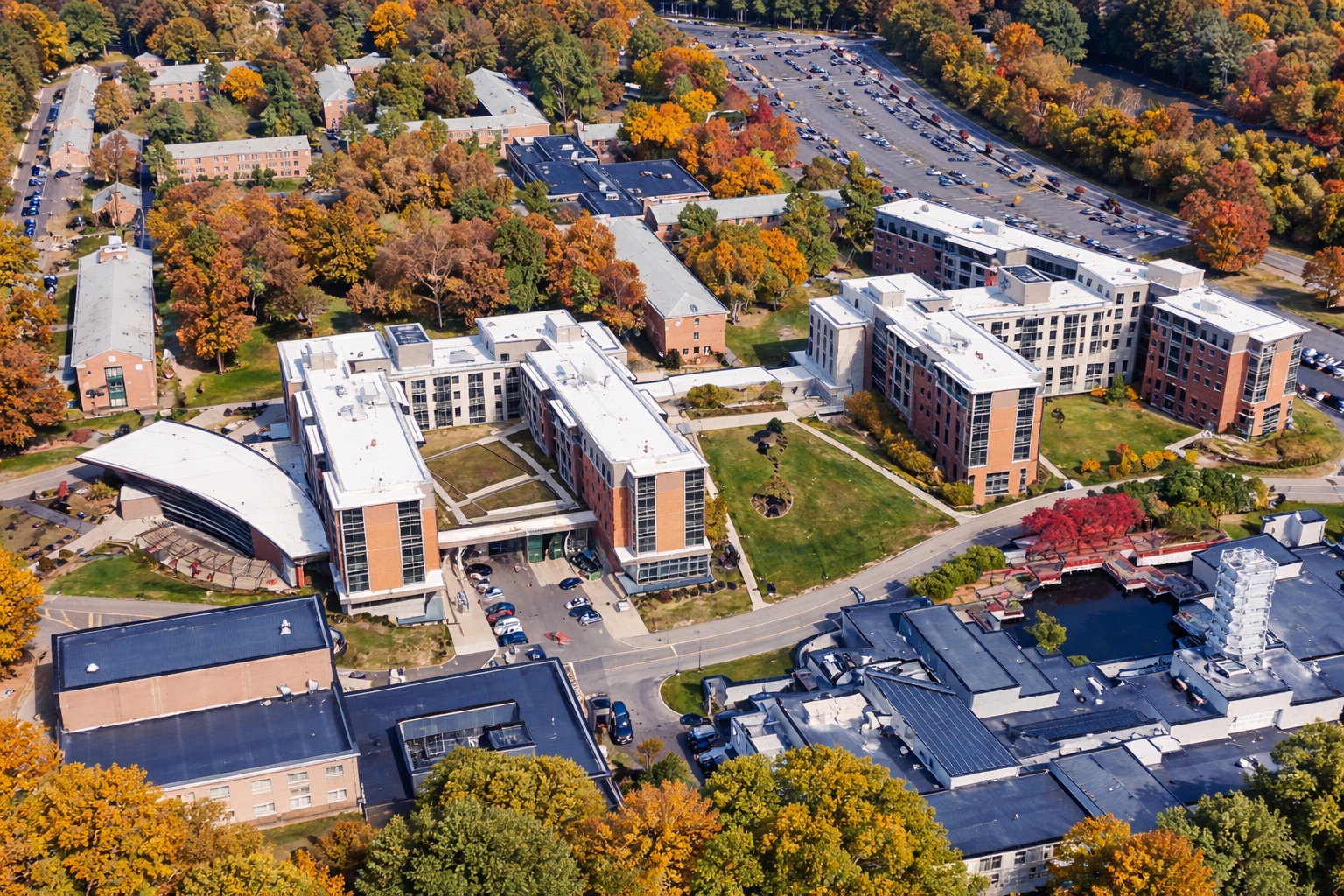 Aerial view of Stony Brook University’s Chavez and Tubman residence halls and East Dining complex