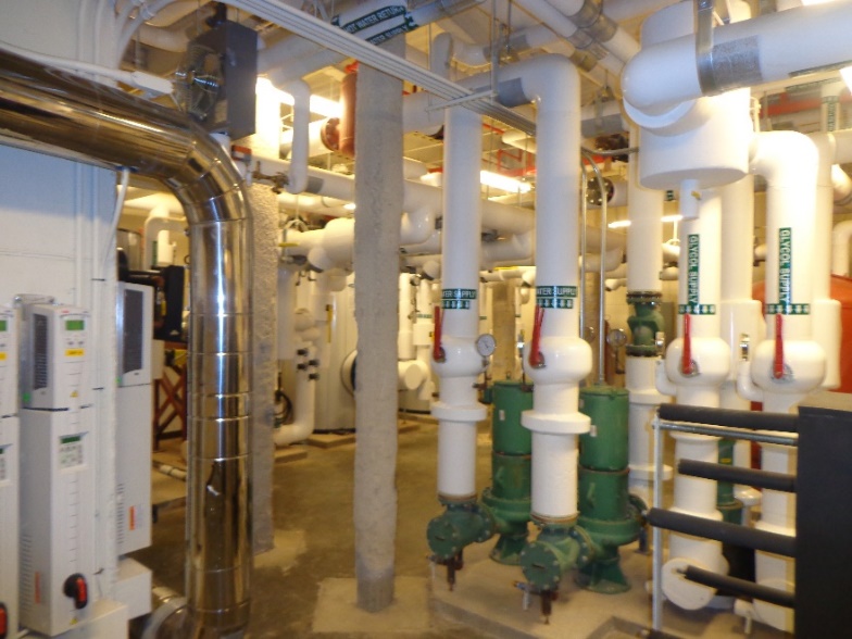 Mechanical room piping and pumps at Stony Brook University